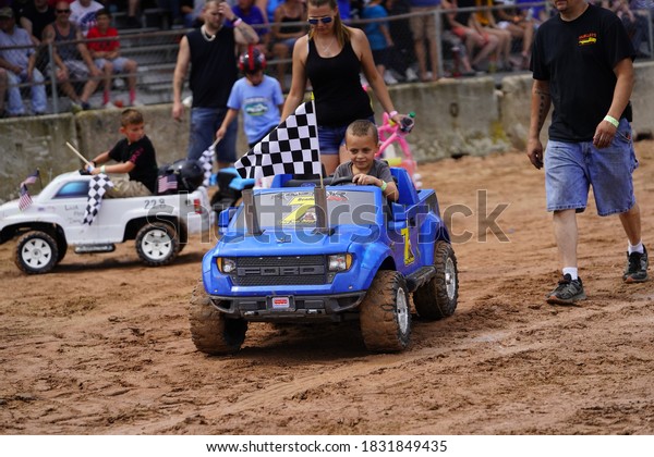 Pickett, Wisconsin / USA -
September 18th, 2020: Power wheels with kids driven in hollywood
motorsports entertainment annual paws for the cause demolition
derby.