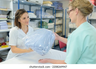 picking up the clean laundry - Shutterstock ID 2208269947