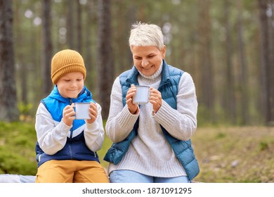 picking season, leisure and people concept - grandmother and grandson having picnic and drinking tea in autumn forest