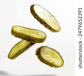 Pickled cucumber slices isolated on white background. Pickles flying in air. cucumber pickle slices floating.