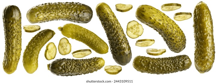 Pickled cucumbers isolated on white background. Collection with clipping path.