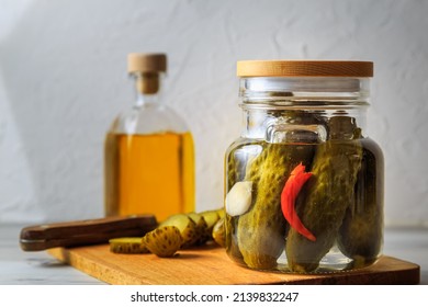 Pickled Cucumbers In A Jar With Herbs And Spices. Sliced Pickled Cucumber. Healthy Fermented Food.