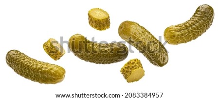 Pickled gherkins, marinated cucumbers isolated on white background