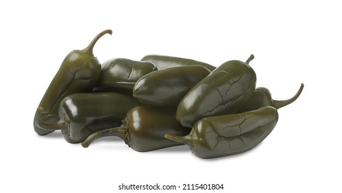 Pickled green jalapeno peppers on white background