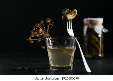 Pickled Juice, Pickle And Marinated Cucumber In A Glass Jar. Clean Eating, Vegetarian Food Concept