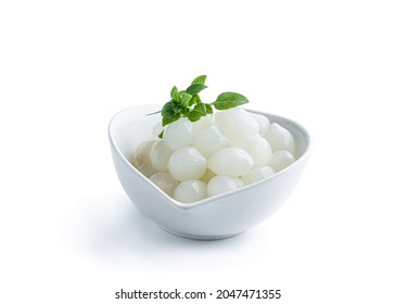 Pickled  Mini Baby Onions In White Saucer Isolated On White 