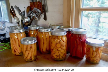 Pickled Multi Colored Carrots In Glass Canning Jars