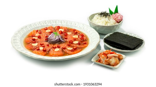 Pickled Salmon Korean Soy Sauce Marinated Korean Food Style Served Kimchi, Seaweed and Rice recipe sideview - Powered by Shutterstock