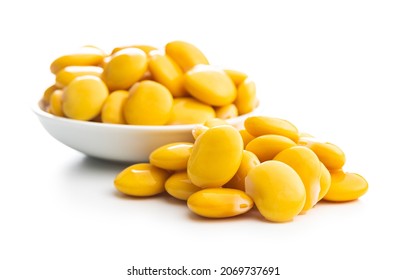 Pickled yellow Lupin Beans isolated on white background.