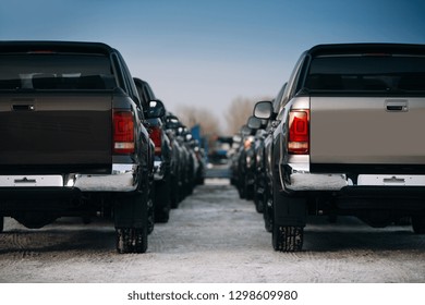 Pickup suv cars at the parking. Rental trucks at the parking lot