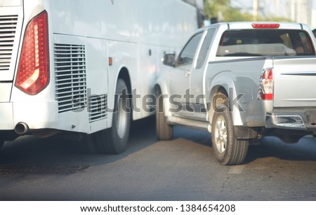 Pick-up truck bump Bus by accident on traffic jam