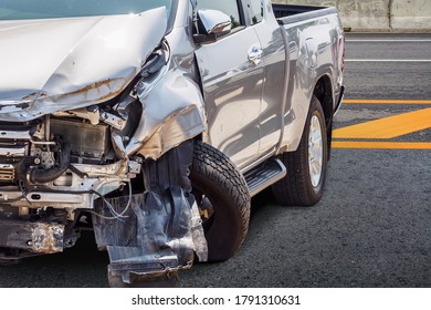 Pickup Truck Car Crash Damaged From Accident On Highway Road