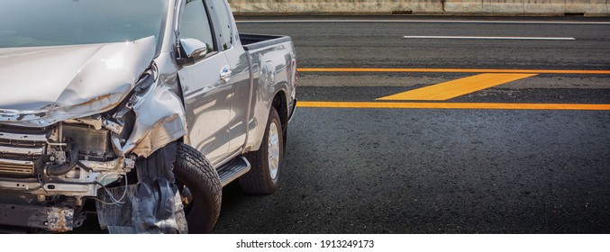 Pickup Truck Car Crash Damaged From Accident On Highway Road Panorama View