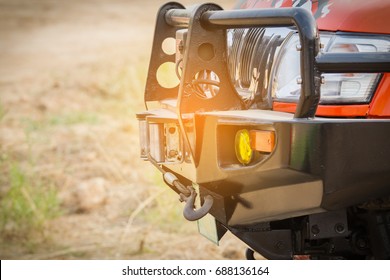 Pickup Truck A Font Of 4 WD Adventure Off Road Font View Has Bumper, Turn Signal, Spotlight, Towing, Hook, Headlights.