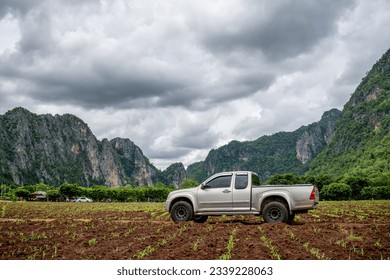 The pickup truck is parked in newly glown flield.Front of The moutain. valley of Thailand. a newly planted field