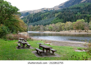 Picnic area on the beach on the lake Luch Lubnaig in  Loch Lomond, The Trossachs Park, Scotland, UK