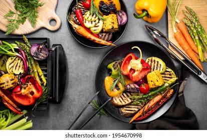 Picnic Barbeque Concept With Ready To Eat Grilled Vegetables, Top Down View