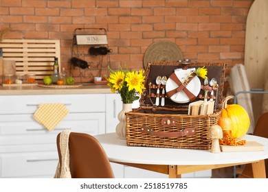 Picnic basket with autumn decor and sunflowers on dining table in kitchen - Powered by Shutterstock