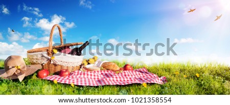 Picnic - Basket With Bread And Wine On Meadow
