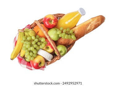 Picnic basket with food and drink isolated on white, top view - Powered by Shutterstock