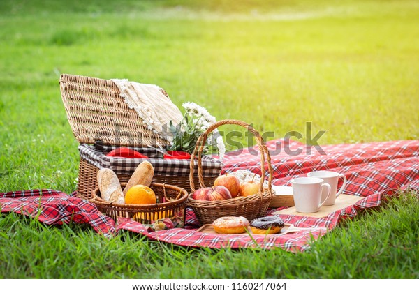 Picnic basket with fruit and bakery on red cloth\
in garden.