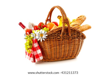 Picnic basket with fruit, bread and wine isolated on white background