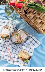 Picnic Basket On Grass With Healthy Sandwiches On Blue Blanket, Top View