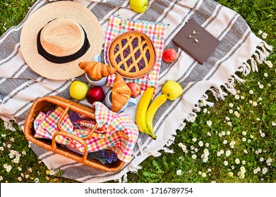 Picnic basket on the green grass in the park. Delicious food for lunch outdoors. Sweet pastries, drinks and fruits. Nice day in summer. Above. Copy space. Soft focus.