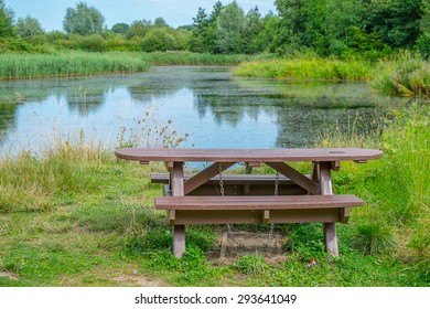 Picnic Bench In A Rural Setting Next To A Lake In Summer