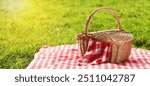 Picnic blanket and wicker basket on green grass during sunny day. Banner design with space for text