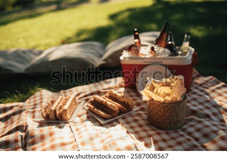 Picnic with hot dogs, chips and cold drinks in cooler bag on red tablecloth in a park.
