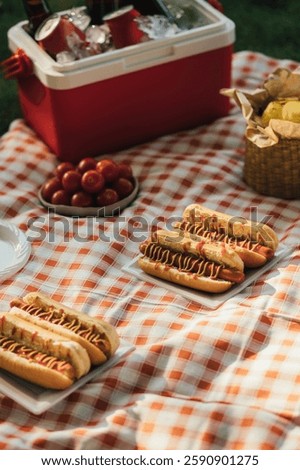 Picnic with hot dogs, chips and cold drinks in cooler bag on red tablecloth in a park.