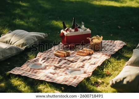 Picnic with hot dogs, chips and cold drinks in cooler bag on red tablecloth in a park.
