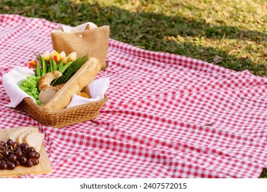 Picnic Lunch Meal Outdoors Park with food picnic basket. enjoying picnic time in park nature outdoors - Powered by Shutterstock