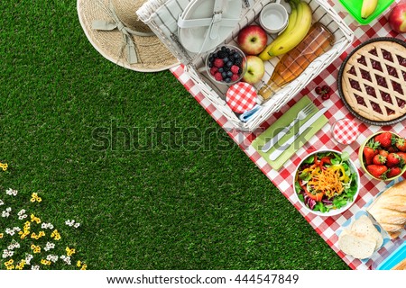 Picnic at the park on the grass: tablecloth, basket, healthy food and accessories, top view