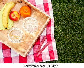 Picnic Setting With Fruit And Wine, Overhead View