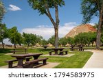 Picnic spot area inside of Hot Springs State Park in Thermopolis, Wyoming