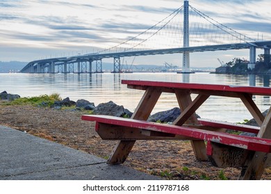 Picnic Table Bench Ocean Side Next To The Bridge.