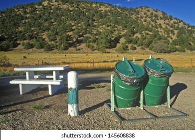 Picnic Table With Garbage Cans At Roadside Rest Area, UT