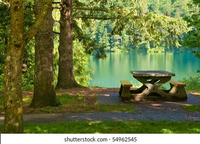 A Picnic Table With Gorgeous View At Lake Of The Woods, British Columbia, Canada.