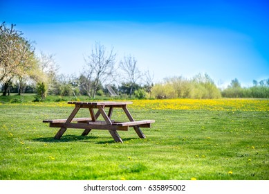 Picnic Table On A Green Meadow With Yellow Spring Flowers And Dandelions On Background. Early Summer Time, Traveling And Family Vacation In Camping Site. Breakfast And Picnic Outside In An Morning