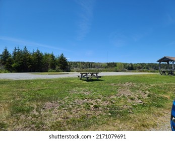 A picnic table in a park area just off of a parking lot.