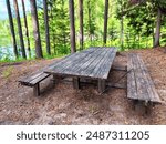 Picnic table in woods. Nature travel and rest in summer or spring