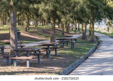 The Picnic Tables In The Santa Iria De Azoia Urban Park In Loures, Portugal