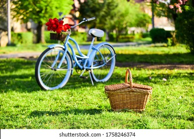 Picnic Time. Nature Cycling Tour. Retro Bicycle With Picnic Basket. Bike Rental Shops Primarily Serve Typically Travellers And Tourists. Vintage Bike Garden Background. Rent Bike To Explore City.