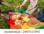 Picnic time on a colorful blanket, girls sharing food, cooler bag on grass at summer park. Sandwiches with egg and tuna, pie with rice and meat, vegetables and cookies. Lifestyle photo.