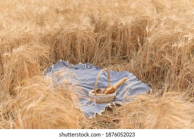 Picnic In A Wheat Field, Ripe Orange Wheat, Bread, Baguette In A Wicker Basket On A Blue Blanket, No People.