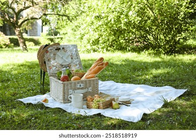 Picnic wicker baskets with delicious food, tableware and drink on white blanket outdoors - Powered by Shutterstock