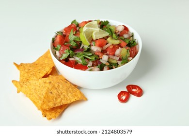 Pico De Gallo And Chips On White Background