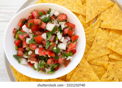 Pico De Gallo With Gluten Free Chips, Top View. Flat Lay, Overhead, From Above. Close-up.